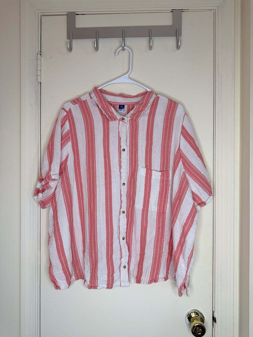 Old Navy Striped Gauzy Relaxed Button Front Shirt Pink White